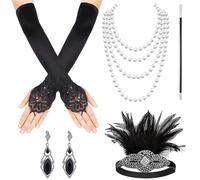Xrten 5 Pcs 1920s Accessorie pour Femmes, Gatsby Costume Accessoires Set, Accessoire Année 20 Femme, Ensemble À Thème des Années 20, Bandeau Collier Gants et Support Noir
