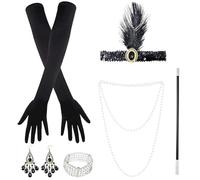 Xrten 6 Pieces 1920s Accessorie pour Femmes, Charleston Accessoires Année 20 Femme, Vintage Bandeau À Plumes Boucles d'oreilles Gants Bracelet Perle Collier