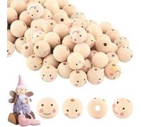 Xrten 80Pcs Perles en Bois Rondes, Perles en Bois Smile, Perles en Bois Naturel 20mm avec Visage, pour Le Bricolage Tête de Poupée Faite Main et Artisanat