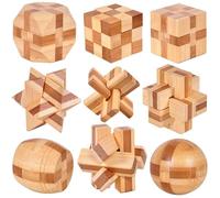 Xrten 9 Pcs 3D Puzzle Casse-Tête en Bois, Classique Brain Teaser IQ Puzzle, Casse Tete Bois Puzzle Set, Jouet de Puzzle en Bois, 3D Cube Puzzle Casse- Jouet Cadeau