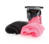 XRVRILE 2 Pièces African Net Sponge, Filet de Douche Djampé Filet Africain Eponge Africaine Douche Exfoliante, Long Séchage Rapide pour Corps et Dos Homme Femme avec Pochette Zippée (Noir, Rose)
