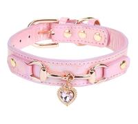 XS-Collier pour petite chienne, rose, taille XS - Décor strass scintillants et breloque cœur, collier ajustable en cuir PU à 5