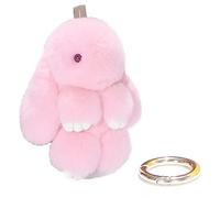 Xsclpomddy Porte-clés lapin mignon Rex en fausse fourrure pompon porte-clés voiture sac à main joli porte-clés breloque anneau, rose/blanc, 5.5in