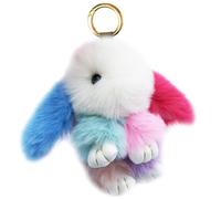 Xsclpomddy Porte-clés Lapin Rex Mignon avec Pompon en Fausse Fourrure - Charme pour Voiture, Sac à Main, Anneau de Clé Joli Porte-clés, Rainbow a, 5.5in