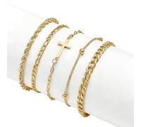 XSDSLS 5 Pièces Bracelet pour Femme Empilables Bracelet en Acier Inoxydable Or Argent Bracelet avec Pendentif Croix Gourmette Chaine Bracelet Torsadée Chaîne Réglable Bracelets pour Femmes (Or)