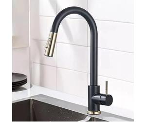 XSDSM Mitigeur Cuisine avec Douchette Extractible Robinet Évier Cuisine Pivotant à 360° 2 Modes de Réglage du Débit D'Eau Poignée Unique Eau Chaude et Froide en Acier Inoxydable,Noir et Doré