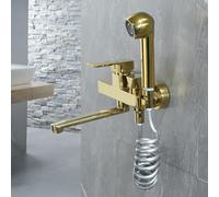 XSDSM Robinet Mural Cuisine Mitigeur Doré avec Pistolet Pulvérisateur 2 Modes De Fonctionnement À Levier Unique En Laiton Chaud Et Froid,30 cm