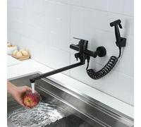 XSDSM Robinet Mural Cuisine Mitigeur Noir avec Pistolet Pulvérisateur Robinet Acier Inoxydable Pivotant À 360° Double Trou,35cm