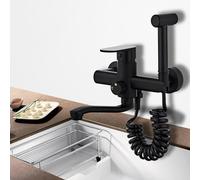 XSDSM Robinet Mural Noir avec Pistolet Pulvérisateur Robinet Evier De Cuisine Pivotant À 360 ° Double Fonction Chaude Et Froide,30 cm