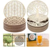 XSHAO® 20 Pcs Fleur de Vie en Bois/Arbre de Vie Bois, Dessous de Verre Rond 10x10cm pour Méditation/Maison/Décoration/Salle à Manger
