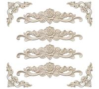 XSHAO® 8 Pièces Moulure Décorative en Bois, Applique Non Peinte pour Meubles, Lit, Porte, Fenêtre - Décoration DIY Faite à la Main (4 Ornements D'angle, 4 Longs Sculptés)