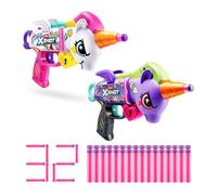 XSHOT Blastercorn Pack de 2 de ZURU - Lanceurs de Fléchettes Thème Licorne en Blanc et Violet avec Ailes Battantes, 32 Fléchettes Air Pocket et Portée 27m