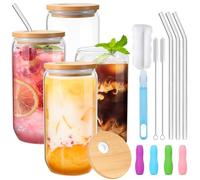Xsiuyue Lot de 4 gobelets en verre avec couvercles en bambou et pailles - Tasse à café glacé de 480 ml - Verres transparents pour bière, cocktail, lait, eau glacée, jus, café, cadeau