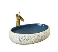 XSMYdpuk Vasque à Poser Ovale et Robinet combinés Vasque à Poser au-Dessus du comptoir en Porcelaine céramique sculptée à la Main pour Meuble-lavabo Une Vasque Simple (Vasque B + Ensemble Robin