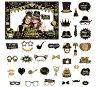 XSQD Lot de 39 accessoires photo d'anniversaire et cadres - Thème noir doré - Chapeau d'anniversaire - Lunettes - Accessoires de fête - Slogans, gâteaux, couronnes, boîtes photo