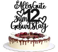 Xsstarmi 1 lot de décorations de gâteau d'anniversaire à paillettes noires avec inscription « Alles Gute zum 12th Birthday » - Décoration de gâteau pour 12e anniversaire - Décoration de fête à thème