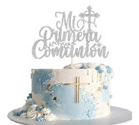 Xsstarmi Lot de 1 décoration de gâteau de première communion, croix argentée, paillettes, Mi Primera Comunión pour Dieu bénédiction chrétienne, baptême, fête prénatale, anniversaire