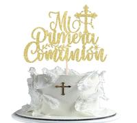 Xsstarmi Lot de 1 décoration de gâteau de première communion, croix dorée, pailletée, Mi Primera Comunión pour Dieu bénédiction chrétienne, baptême, fête prénatale, anniversaire