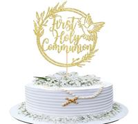 Xsstarmi Lot de 1 décoration de gâteau de première communion - Or, cercle pailleté - Colombe et Dieu bénédiction - Pour baptême chrétien, fête prénatale, anniversaire