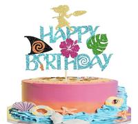 Xsstarmi Lot de 1 décoration de gâteau « Moana Happy Birthday » - Feuille de palmier bleue à paillettes - Pour l'été, hawaïen, tropical, Luau, fête prénatale, fête d'anniversaire d'enfants