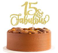 Xsstarmi Lot de 3 décorations de gâteau « Happy 15th Birthday » à paillettes dorées « Hello 15 Fabulous Cheers to 15 Years » - Décorations de gâteau pour 15e anniversaire, anniversaire de mariage