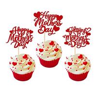 Xsstarmi Lot de 30 décorations pour cupcakes « Happy Mother's Day » en forme de cœur à paillettes pour fête des mères, anniversaire, fête des mères, rouge