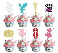 Xsstarmi Wonderland Lot de 24 décorations de cupcake à paillettes Motif lapin Mad Hatter Alice Tea Party Décoration de gâteau d'anniversaire pour enfants