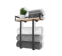 Xstydes Porte-Serviettes Mural pour Salle de Bain, Porte-Serviettes en métal avec étagère en Bois pour Plier de Grandes Serviettes, Rangement de Serviettes pour Petite Salle de Bain, décoration ou
