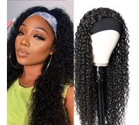 XSY Perruque avec bandeau en cheveux humains ondulés profonds pour femme noire, demi-bouclée, sans colle, 150