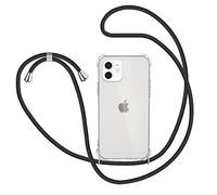 XTCASE Collier pour iPhone 12 / iPhone 12 Pro Coque, Etui de Téléphone avec Cordon - Tour de Cou Lanière en Corde - Transparente Silicone Housse avec Cordage Lanyard Case, Noir