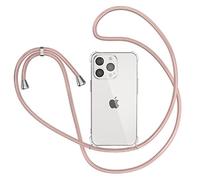 XTCASE Collier pour iPhone 13 Pro Max Coque, Etui de Téléphone avec Cordon - Tour de Cou Lanière en Corde - Transparente Silicone Housse avec Cordage Lanyard Case, Or Rose