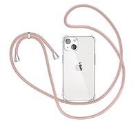 XTCASE Coque pour iPhone 13 avec Cordon, Etui avec Collier - Tour de Cou Lanière en Corde - Transparente Silicone Housse avec Cordage Lanyard Case, Bandouliere Or Rose