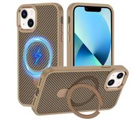 XTCASE Coque pour iPhone 13 Magnétique Compatible avec MagSafe [360° Anneau Support] Fibre de Carbone Texturé Durable et Antidérapant Dur PC Étui Anti Rayure TPU Bumper Antichoc, Or