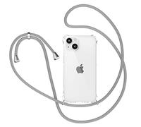 XTCASE Coque pour iPhone 14 avec Cordon, Etui avec Collier - Tour de Cou Lanière en Corde - Transparente Silicone Housse avec Cordage Lanyard Case, Bandouliere Gris