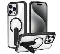XTCASE Coque pour iPhone 15 Pro Magnétique Compatible avec MagSafe Support Invisible, Transparente Durable Dur PC Arrière avec Béquille Métallique - Noir
