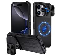 XTCASE Coque pour iPhone 16 Pro Magnétique Compatible avec MagSafe, Protection Caméra Étui avec Coulisse Cache Objectif [Support Invisible] Militaire Dur Plastique Case - Noir