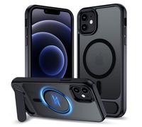 XTCASE Magnétique Coque pour iPhone 12/12 Pro Compatible avec MagSafe Charge sans Fil, Etui Translucide Mat Arrière Housse avec Metal Béquille [3 Modes de Support] Noir