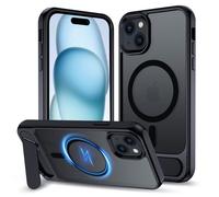 XTCASE Magnétique Coque pour iPhone 15 Compatible avec MagSafe Charge sans Fil, Etui Translucide Mat Arrière Housse avec Metal Béquille [3 Modes de Support] Noir