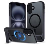 XTCASE Magnétique Coque pour iPhone 16 Compatible avec MagSafe Charge sans Fil, Etui Translucide Mat Arrière Housse avec Metal Béquille [3 Modes de Support] Noir