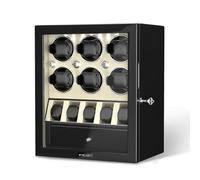 XTELARY Remontoir de montre verrouillable blanc pour 6 avec 5 emplacements mémoire, tiroir de rangement, 4 modes de rotation, lumière LED blanche, moteur super silencieux et coussin à ressort pour
