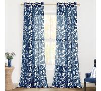 XTMYI Lot de 2 Rideaux Bleus de 274 cm de Long pour Salon - Rideaux Semi-Transparents à Motif imprimé de Feuilles pour Chambre à Coucher - 132 x 274 cm (l x L), Bleu Marine foncé et Blanc