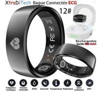 XtraDiTech Bague Connectée ECG Cadre12 Carré Noir Mat Moniteur VFC Fréquence Cardiaque SpO2 Sommeil Socle 480mAh Blanc