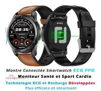 XtraDiTech Montre Connectée Homme Appel Alliage Rond ECG Cardiofréquencemètre Thermomètre Bracelet Similicuir Marron Silicone Noir