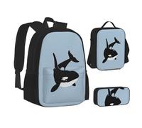 XTWPTOO Killer Whale Dolphin Ocean Print Sac d'école 3 en 1 en toile avec sac à dos, sac à déjeuner, trousse à crayons, étudiants et adultes, Noir , Taille unique