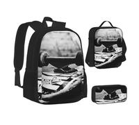 XTWPTOO Sac d'école 3 en 1 avec sac à dos, sac à déjeuner, trousse à crayons, étudiants, adultes, Noir , Taille unique