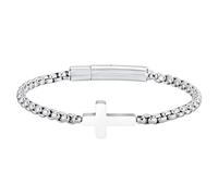 XUANPAI Bracelet en acier inoxydable avec pendentif croix et perle carrée - 4 mm de largeur, 19 cm de longueur totale, fermoir mousqueton rond pour homme et femme, 21cm, Acier inoxydable