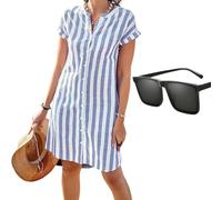 XUANXUANQZ Robe Chemise Boutonnée À Rayures pour Femme, Robe Chemise Rayée en Coton Et Lin, Coupe Ample, Coupe Droite, Boutonnée (Bleu Clair,Grand)
