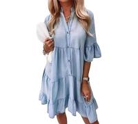 XUANXUANQZ Robe en Jean Alltoright, Robe D'été À Volants Et Col en V, Aspect Denim Léger, Coton Lavé, Manches Mi-Longues (Bleu Clair,S)