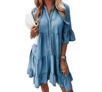 XUANXUANQZ Robe en Jean Alltoright, Robe D'été À Volants Et Col en V, Aspect Denim Léger, Coton Lavé, Manches Mi-Longues (Bleu Denim,M)