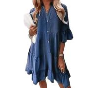 XUANXUANQZ Robe en Jean Alltoright, Robe D'été À Volants Et Col en V, Aspect Denim Léger, Coton Lavé, Manches Mi-Longues (Bleu foncé,Grand)